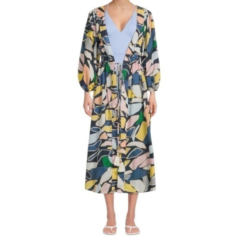 True Destinations Women’s Size S Multi Color Geo Printed Long Kimono Coverup